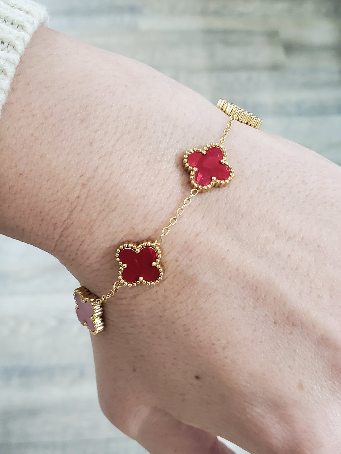 Stainless Steel Gold Vermeil Red Enamel Clover Station Van Cleef Style Bracelet Adjustable 7-9"