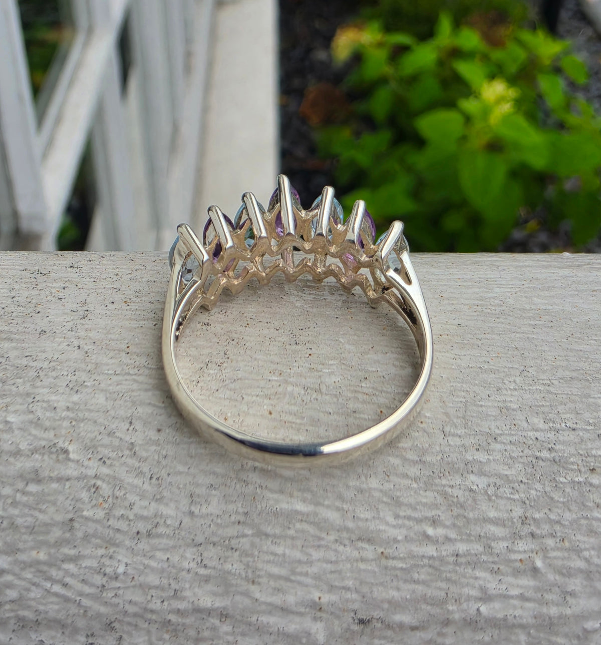 925 Sterling Silver Vintage Marquise Amethyst & Blue Topa Bridge Ring