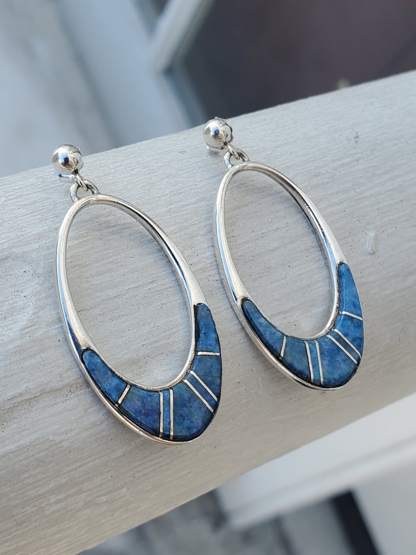 925 Sterling Silver Designer Calvin Begay Zuni Native American Tribal Oblong Lapiz Lazuli Dangling Earrings