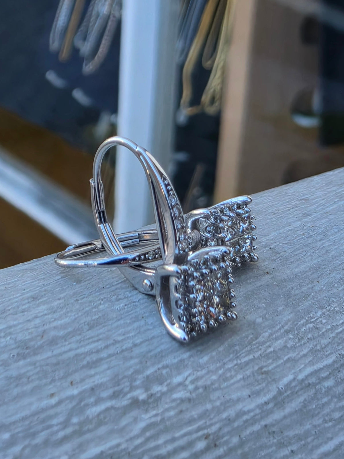 14k Solid White Gold Princess & Round Cut Natural Diamond Cluster Leaverback Earrings