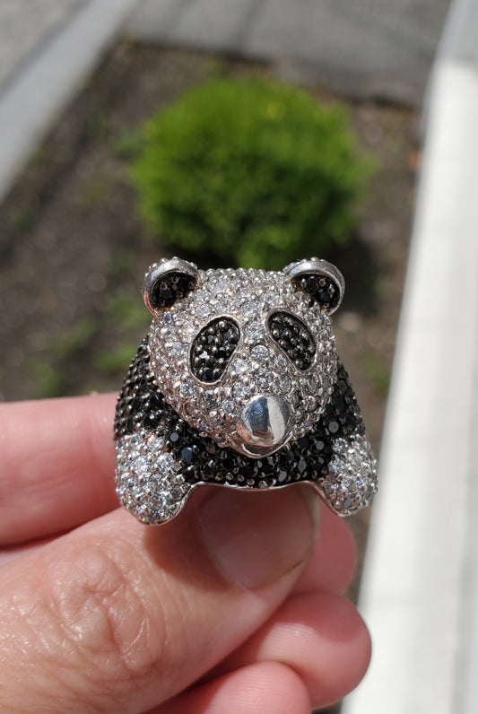 925 Sterling Silver Large Panda Black & Clear CZ Zirconia Cocktail Ring