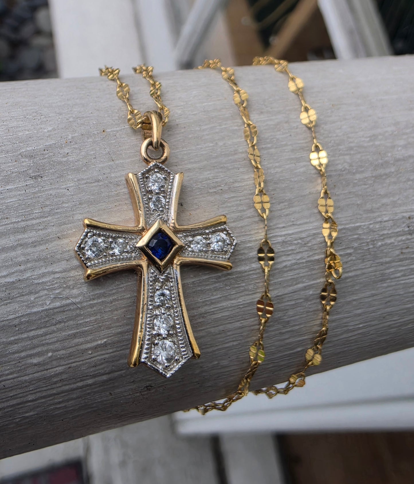 925 Sterling Silver Vermeil Two-Tone Princess Cut Lab Sapphire & Zirconia CZ Cross Necklace