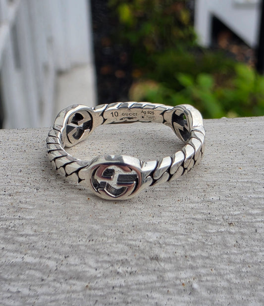 925 Sterling Silver Authentic Gucci Signature GG Cuban link band Ring