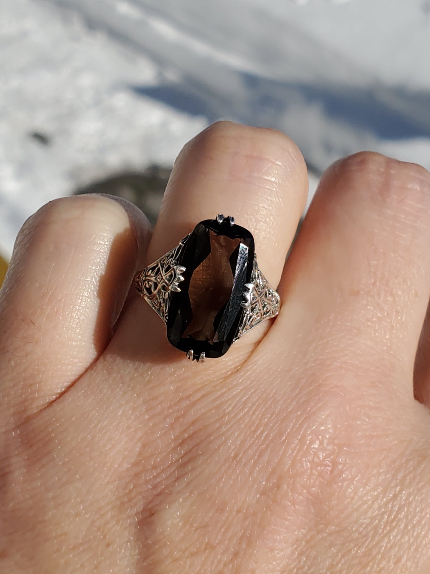 925 Sterling Silver 6 ct Emerald Cushion Cut Smokey Quartz Vintage Art Deco Ring