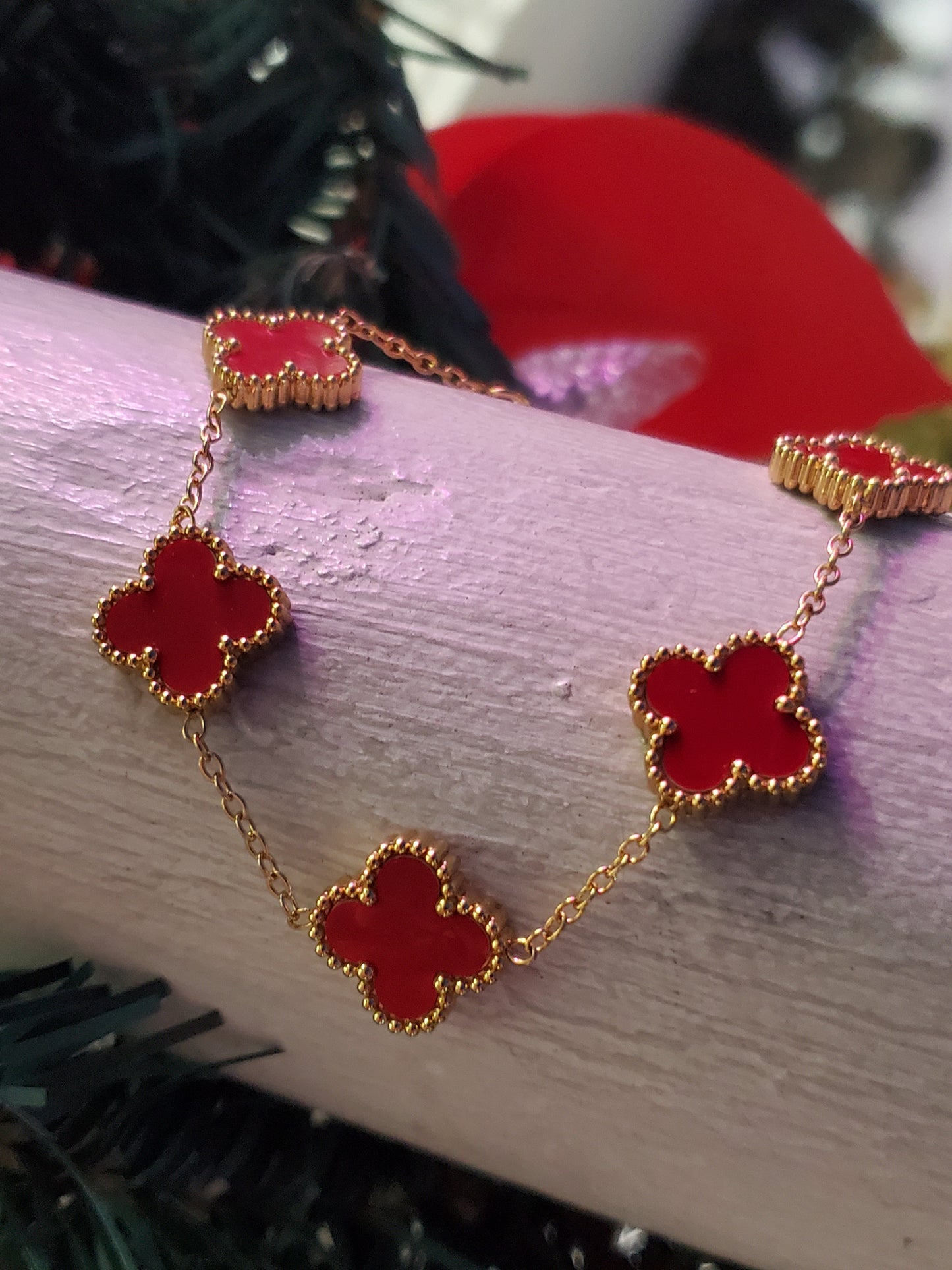 Stainless Steel Gold Vermeil Red Enamel Clover Station Van Cleef Style Bracelet Adjustable 7-9"
