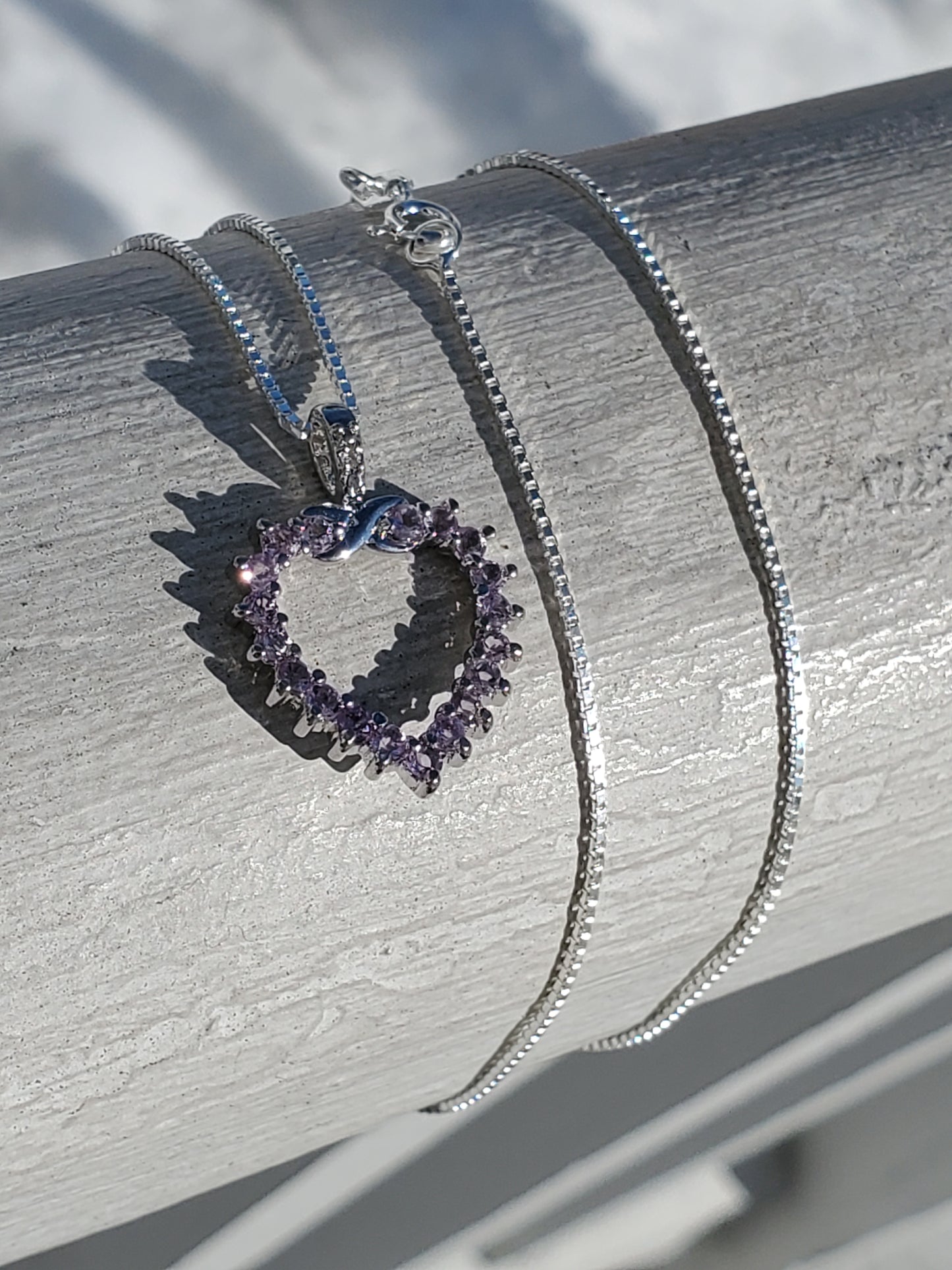 925 Sterling Silver Light Amethyst Open Heart Necklace