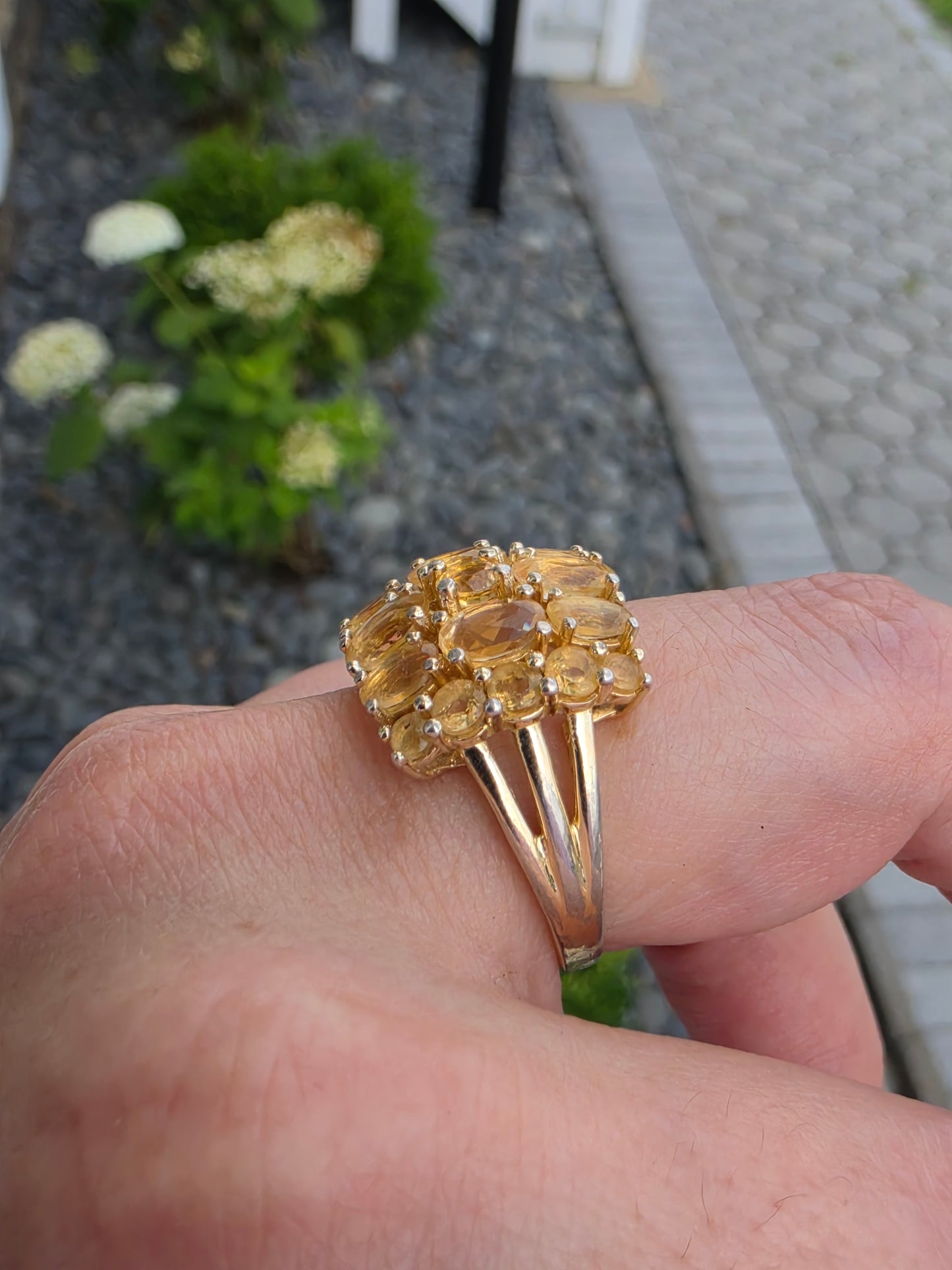925 Sterling Silver Gold Vermeil Natural Citrine Ladies Cluster Ring