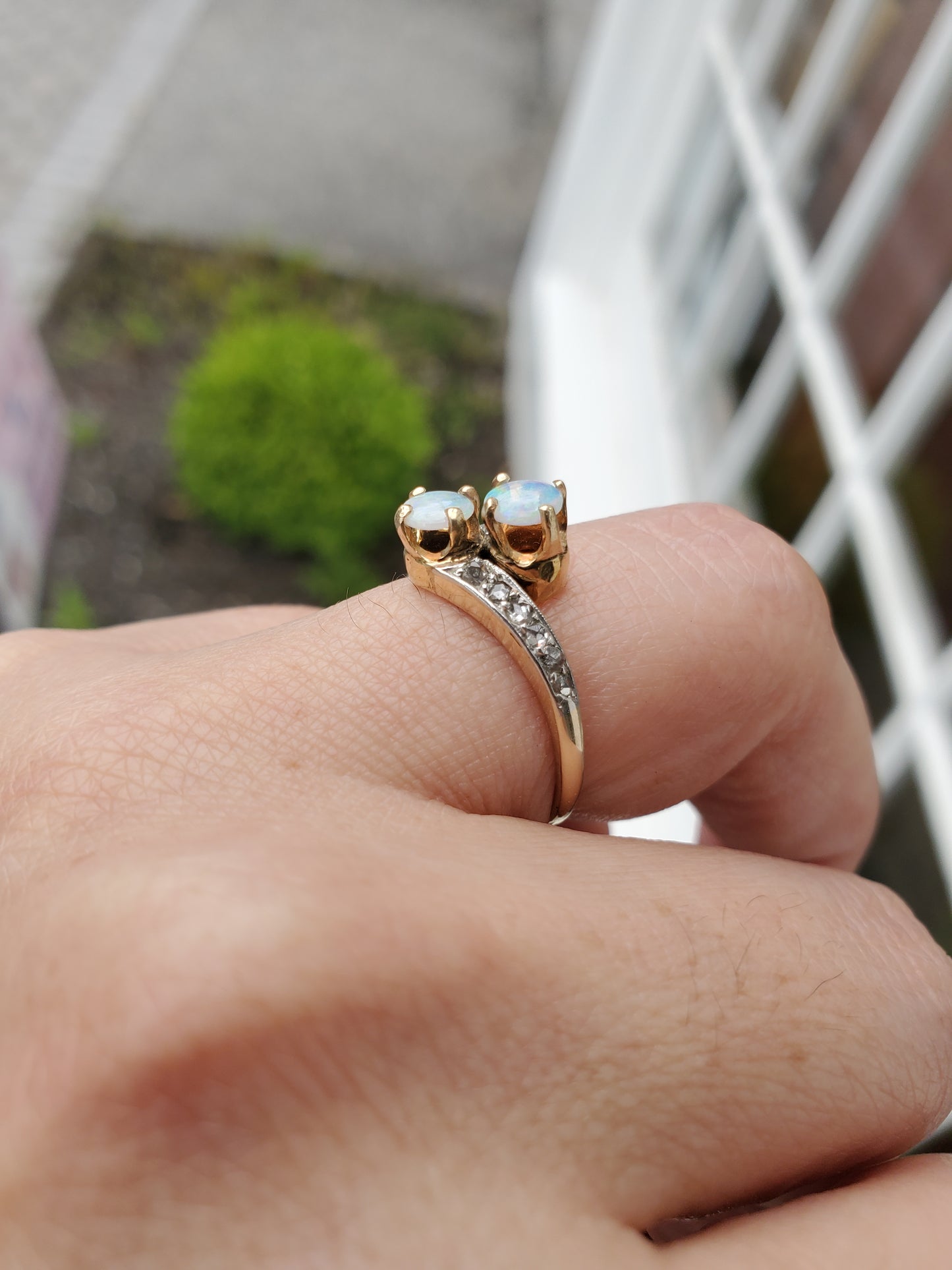 14k Solid Gold Antique Ladies Opal & Rose Cut Diamond Bypass Ring