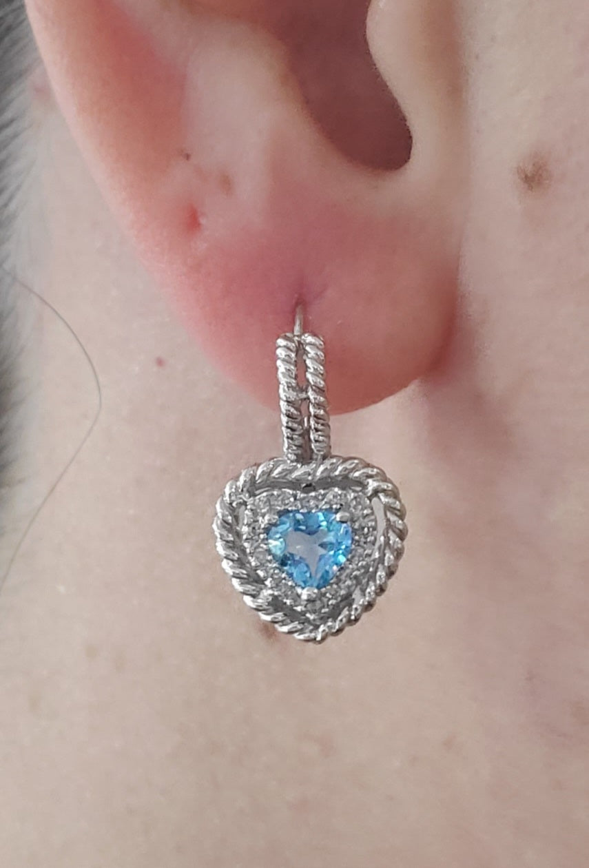 14k White Gold Blue Topaz & Diamond Twisted Cable Leaverback Heart 💙 Earrings