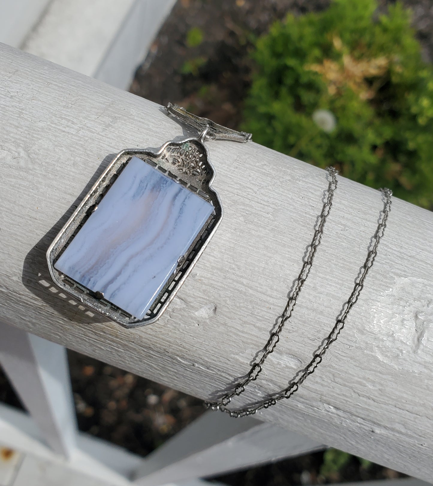 925 Sterling Silver Antique Ladies Blue Lace Agate Art Deco Filagre Necklace