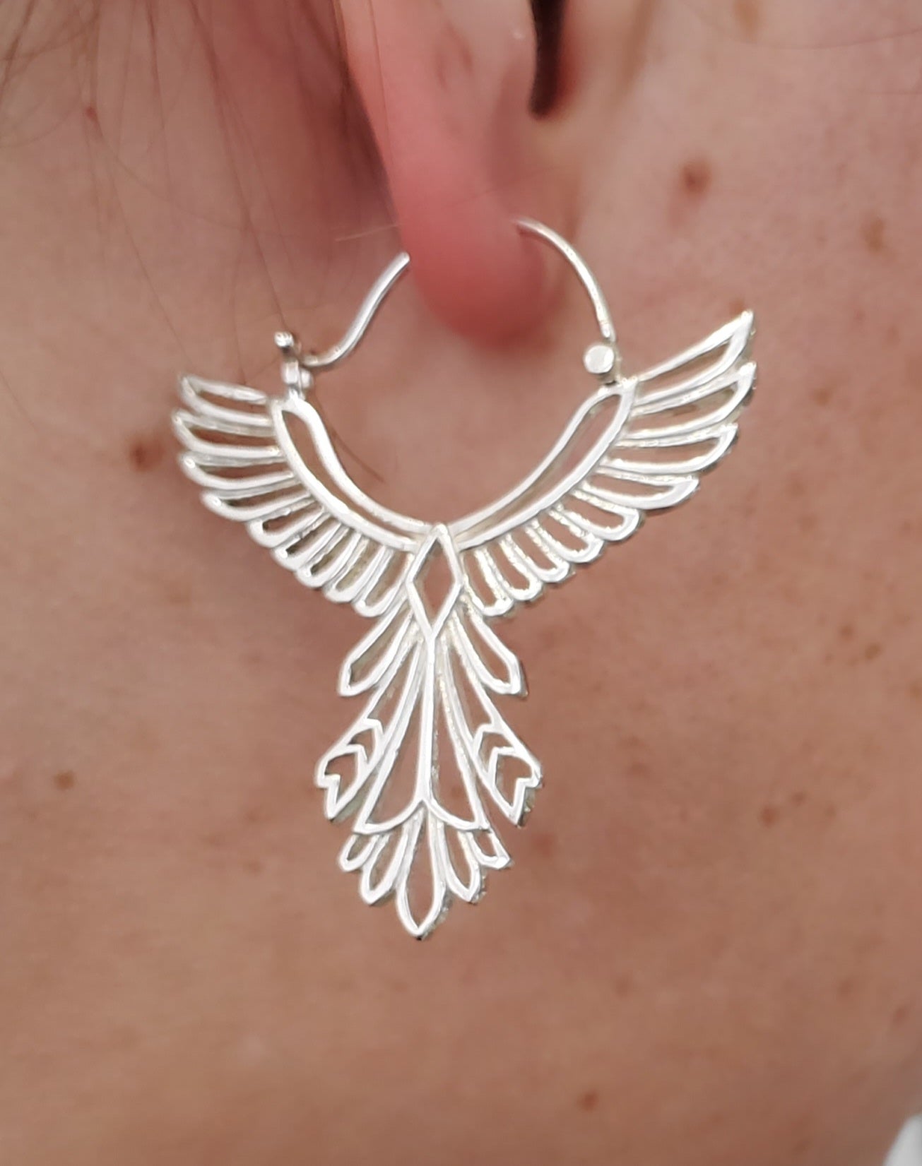925 Sterling Silver Egyptian Angel Wing Phoenix Filagre Hoop Earrings