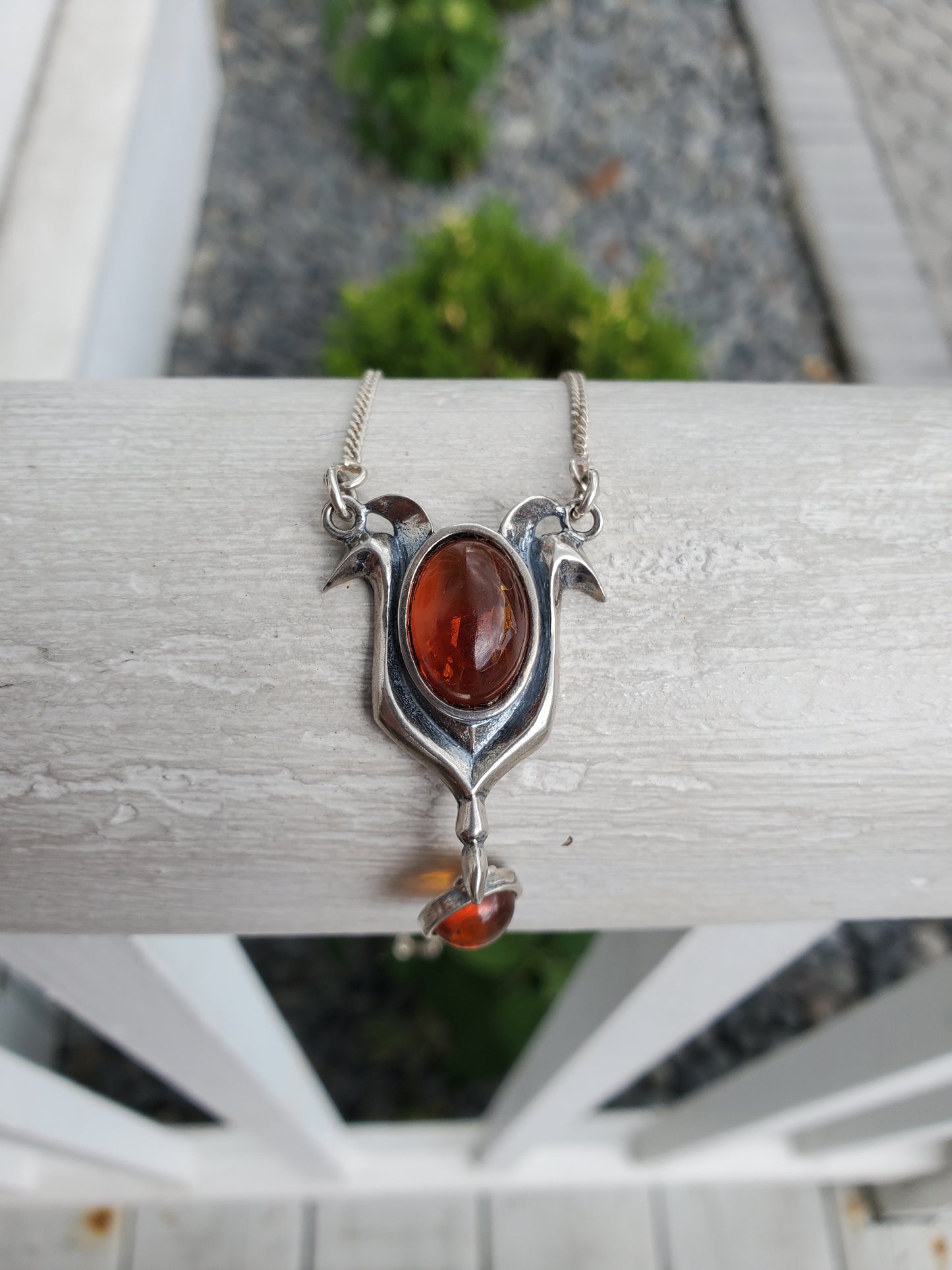 925 Sterling Silver Natural Amber Tulip Dangling Necklace