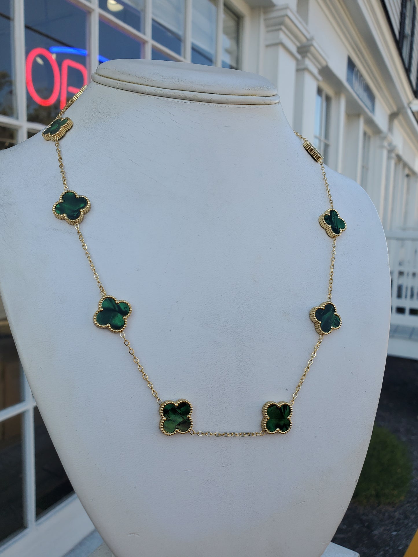 Stainless Steel Gold Color Green Clover Station Van Cleef Style Necklace 18”-20”