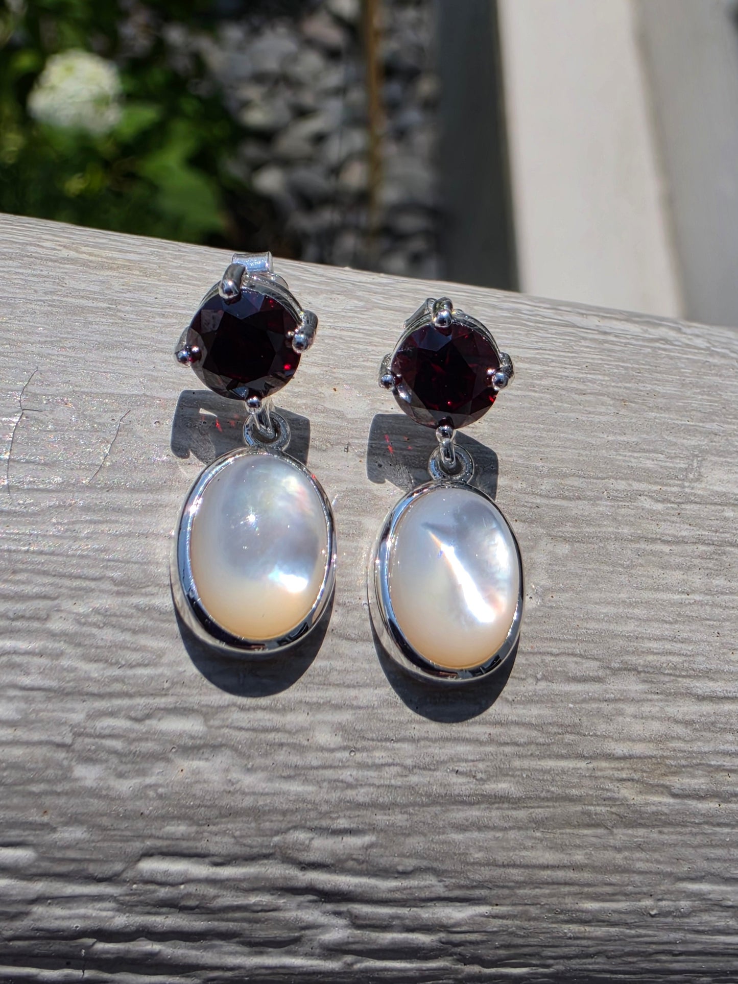 925 Sterling Silver Garnet & Mother of Pearl Dangle Earrings