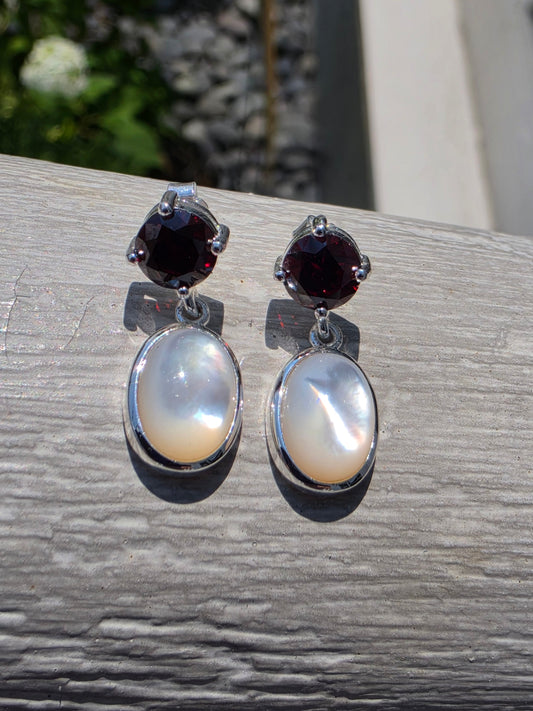 925 Sterling Silver Garnet & Mother of Pearl Dangle Earrings
