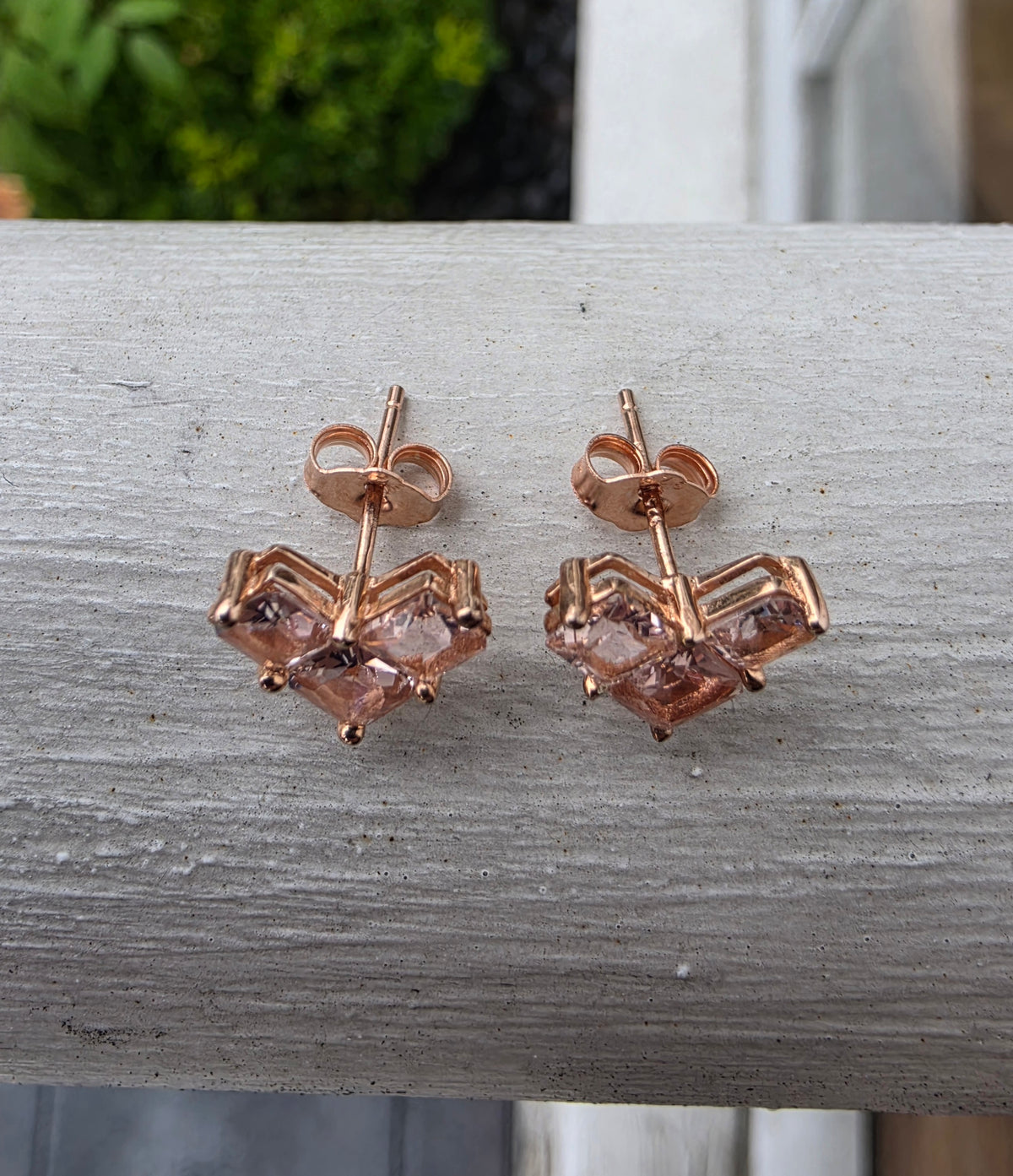 925 Stering Silver Rose Vermeil Tripolo Princess Cut Morganite Zirconia Stud Earrings