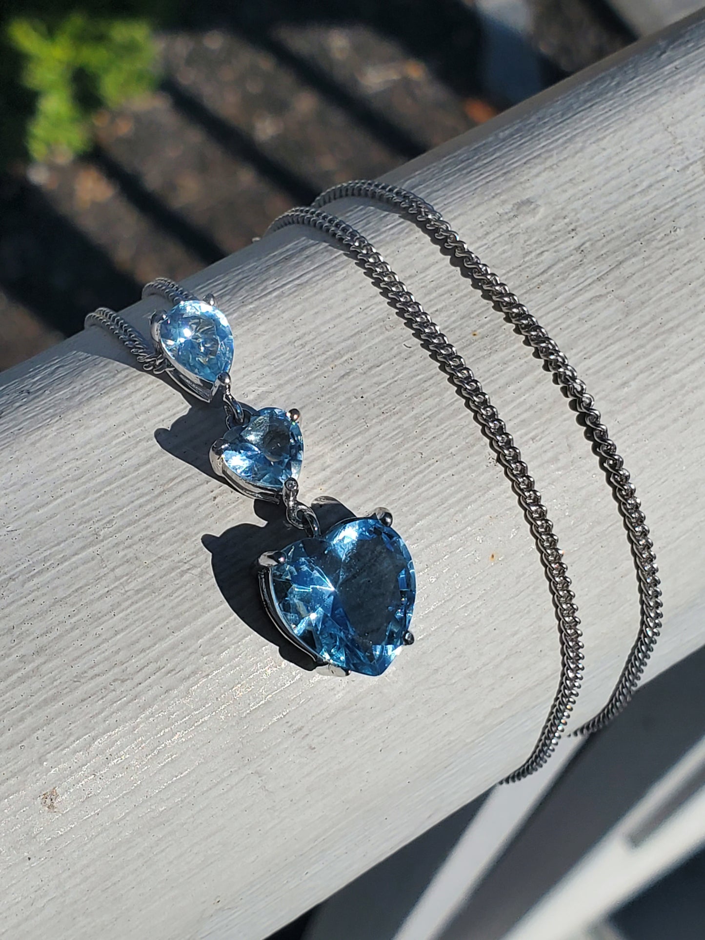 925 Sterling Silver "Ice Queen" 3-Tier Blue Topaz Heart Drop Necklace