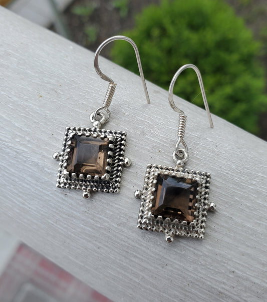 925 Sterling Silver 4.00 TCW Smoky Quartz Crystal Beaded Twisted Cable Dangle Earrings