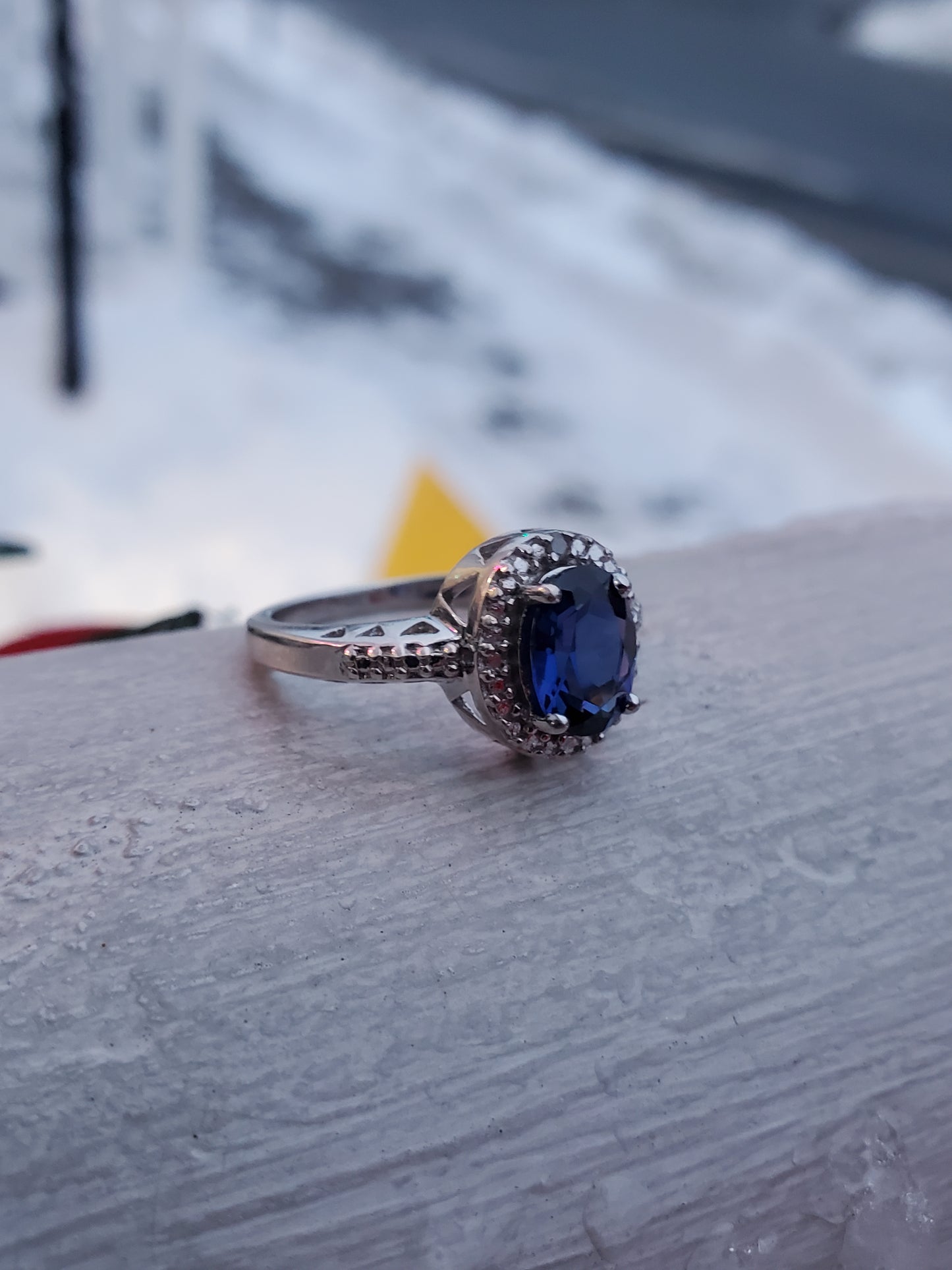 925 Sterling Silver Simulated 1ct Oval Sapphire & Diamond Halo Ring