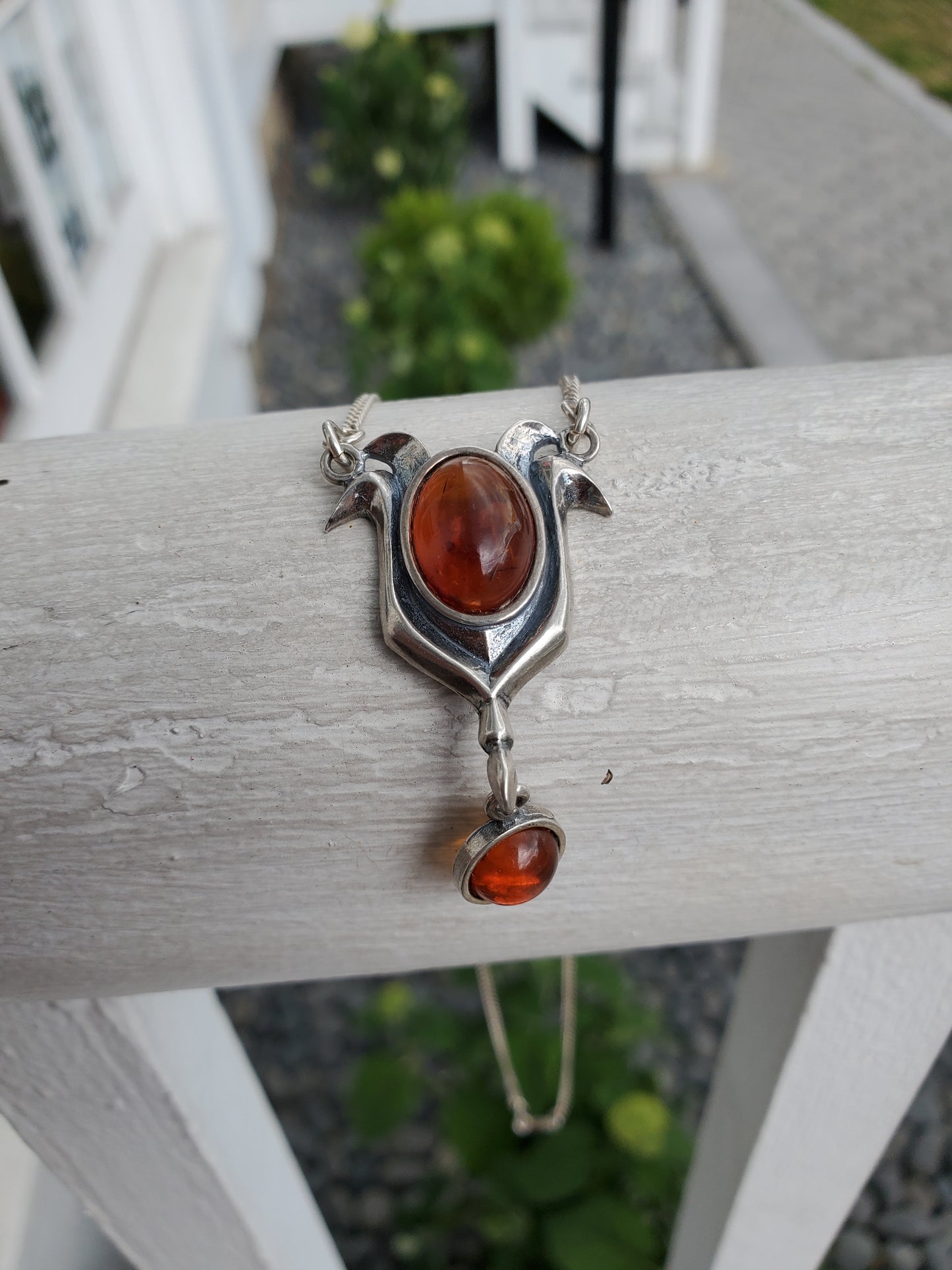 925 Sterling Silver Natural Amber Tulip Dangling Necklace