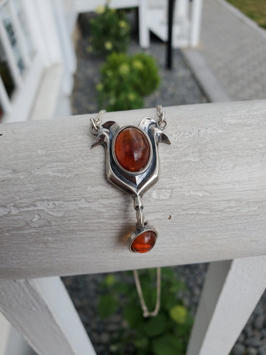 925 Sterling Silver Natural Amber Tulip Dangling Necklace