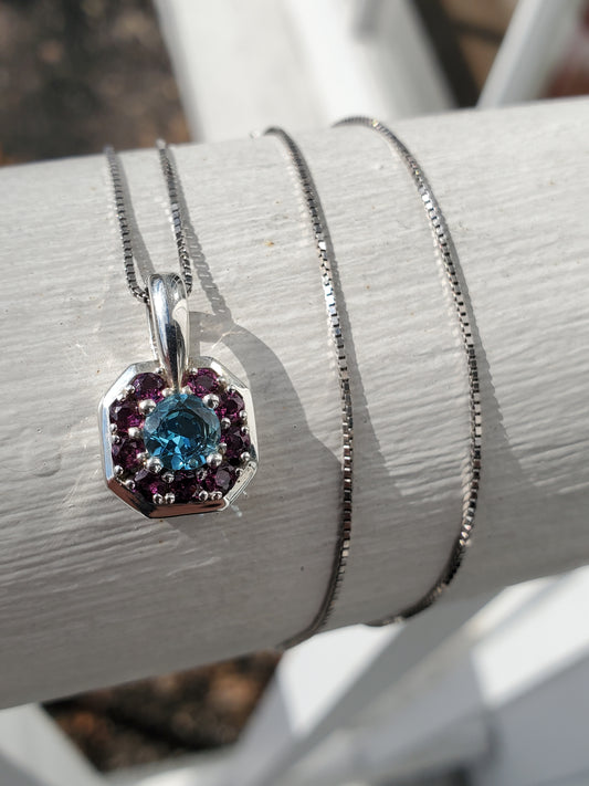 925 Sterling Silver Blue Topaz & Amethyst Octagon Cluster Necklace