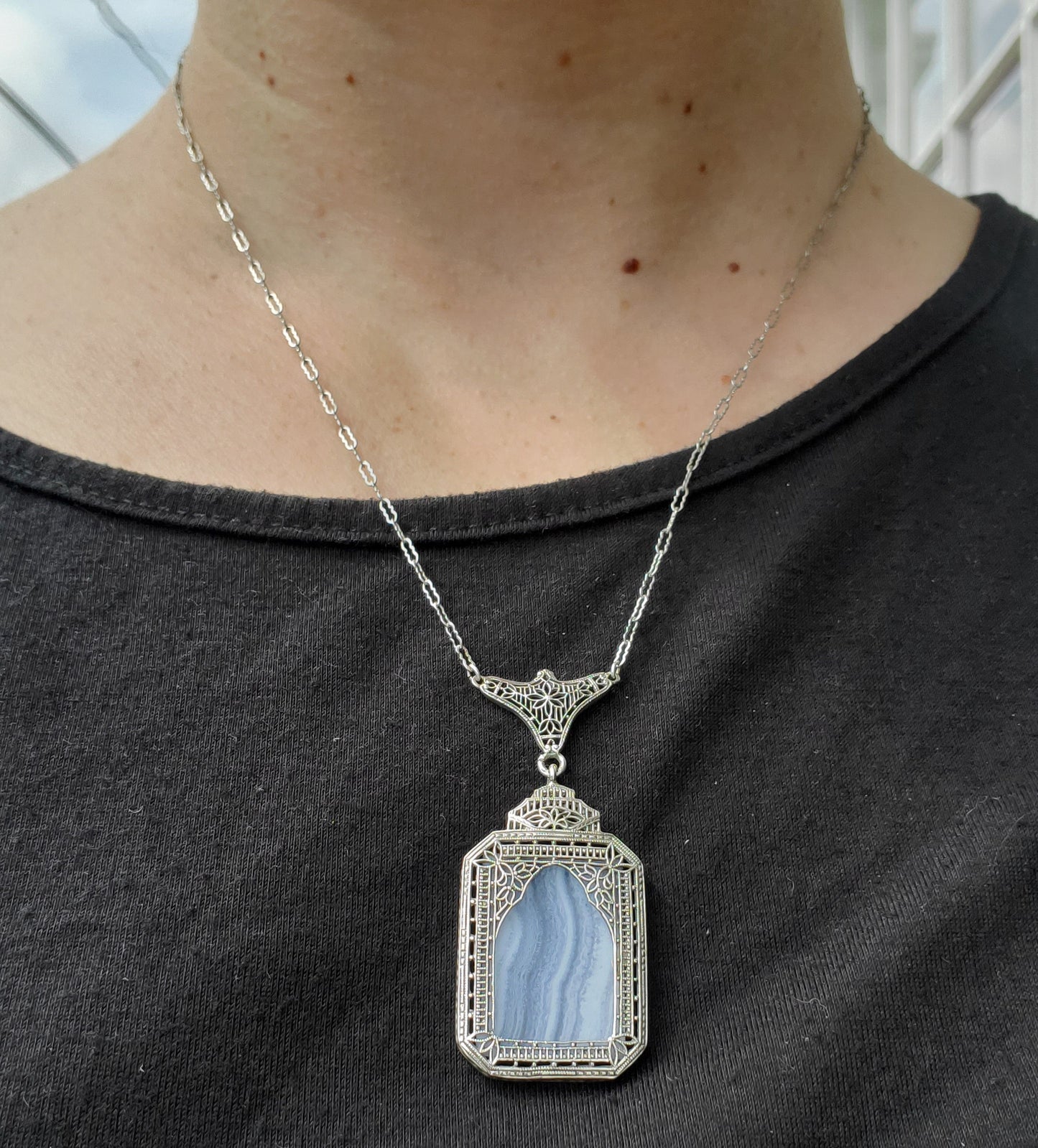 925 Sterling Silver Antique Ladies Blue Lace Agate Art Deco Filagre Necklace