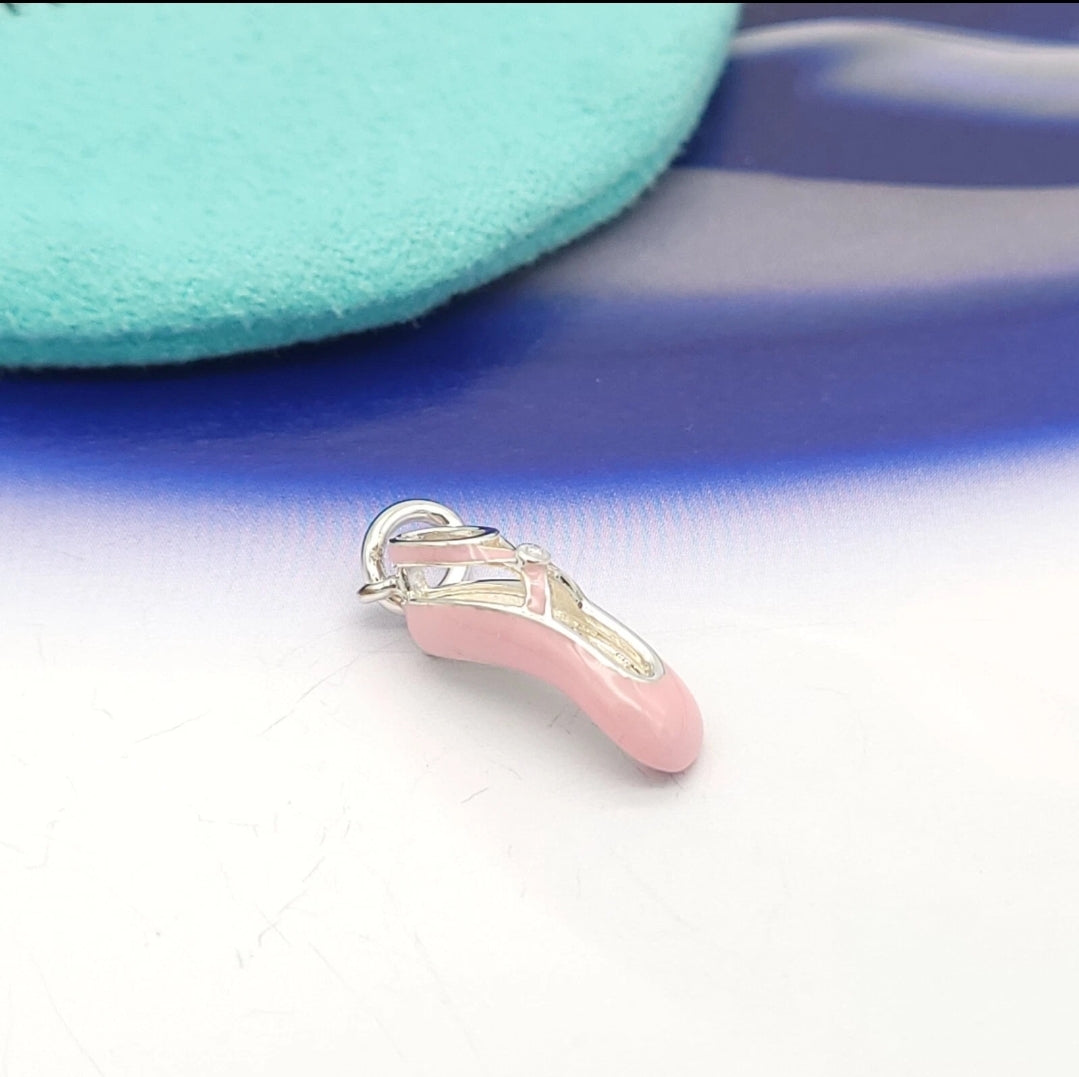 Retired Tiffany & Co. Sterling Silver Pink Enamel Diamond Ballet Ballerina Shoe Slipper Charm Pendant