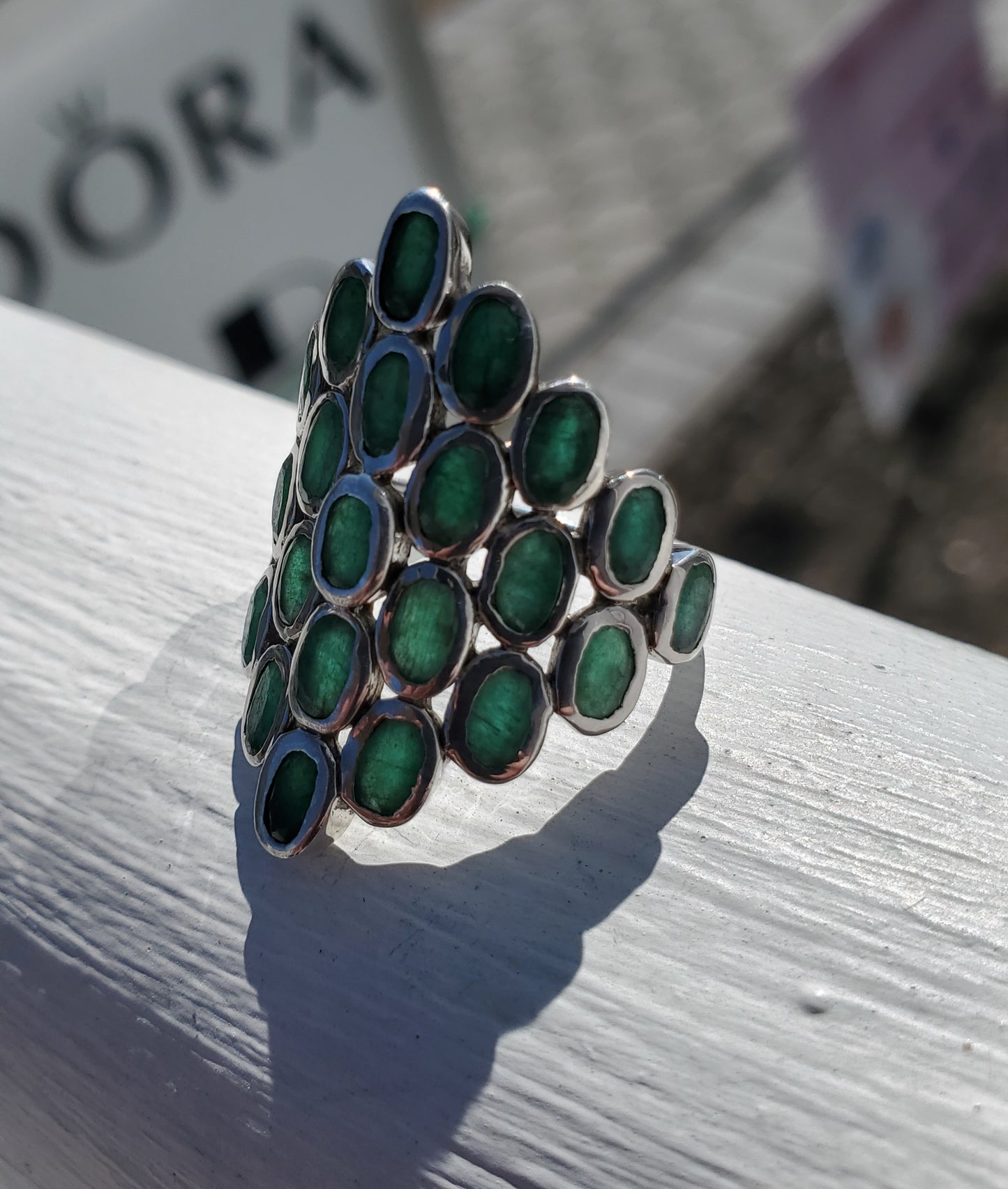 925 Sterling Silver Natural Emerald Cluster Ring