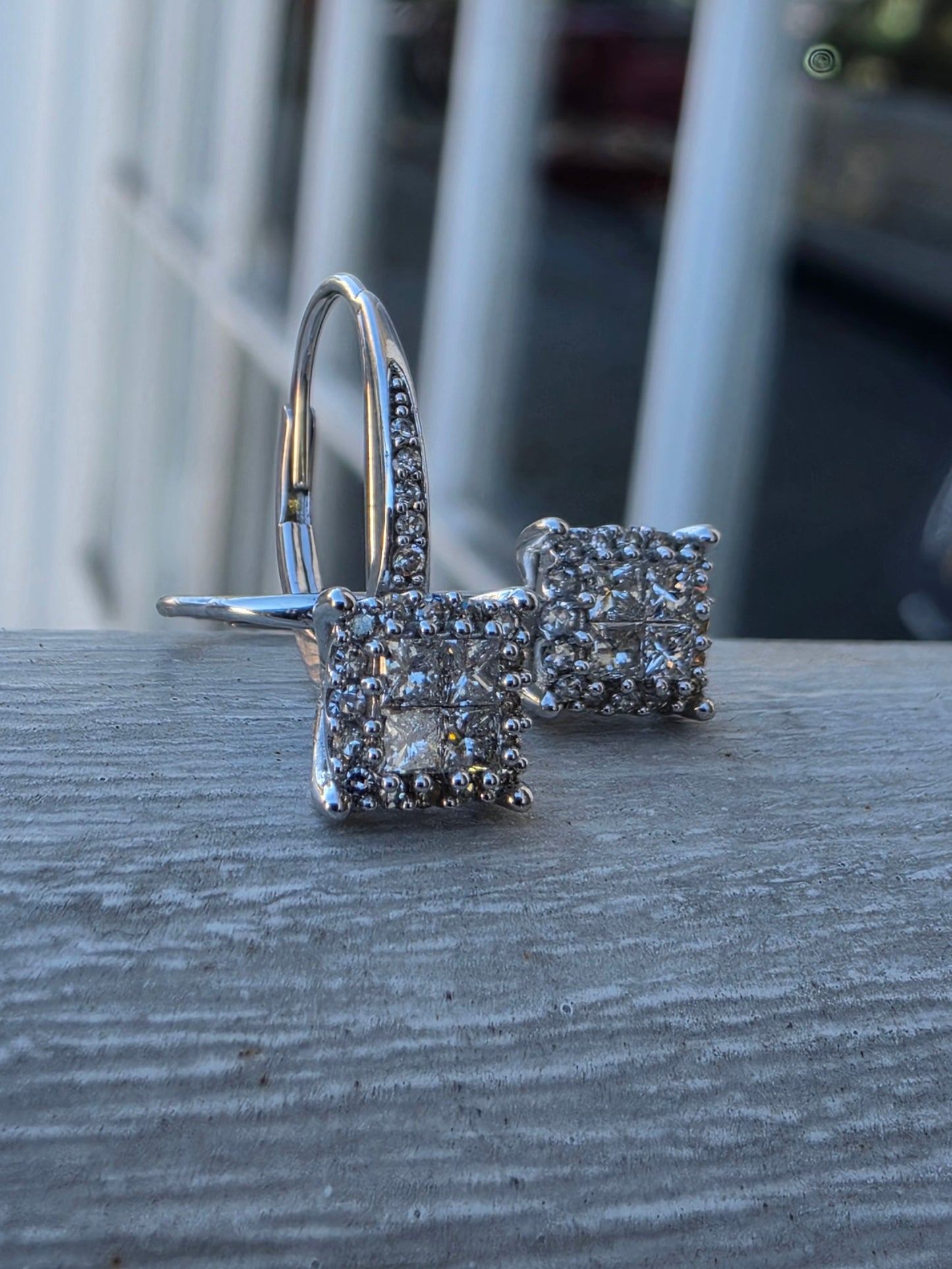 14k Solid White Gold Princess & Round Cut Natural Diamond Cluster Leaverback Earrings