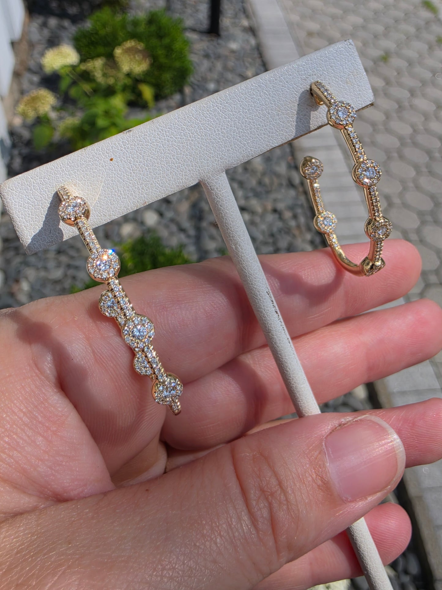 14k Solid Gold 3/4 Pave Oval Oblong Natural Diamond Hoop Earrings