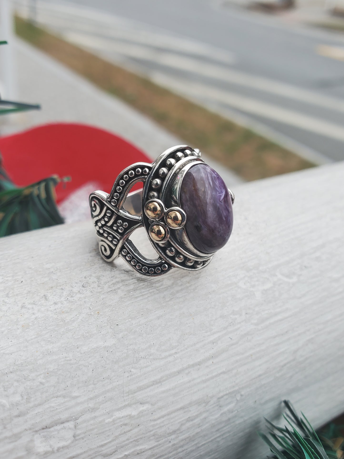 925 Sterling Silver & 14k Gold Designer BA Suarti Charoite Beaded Ring