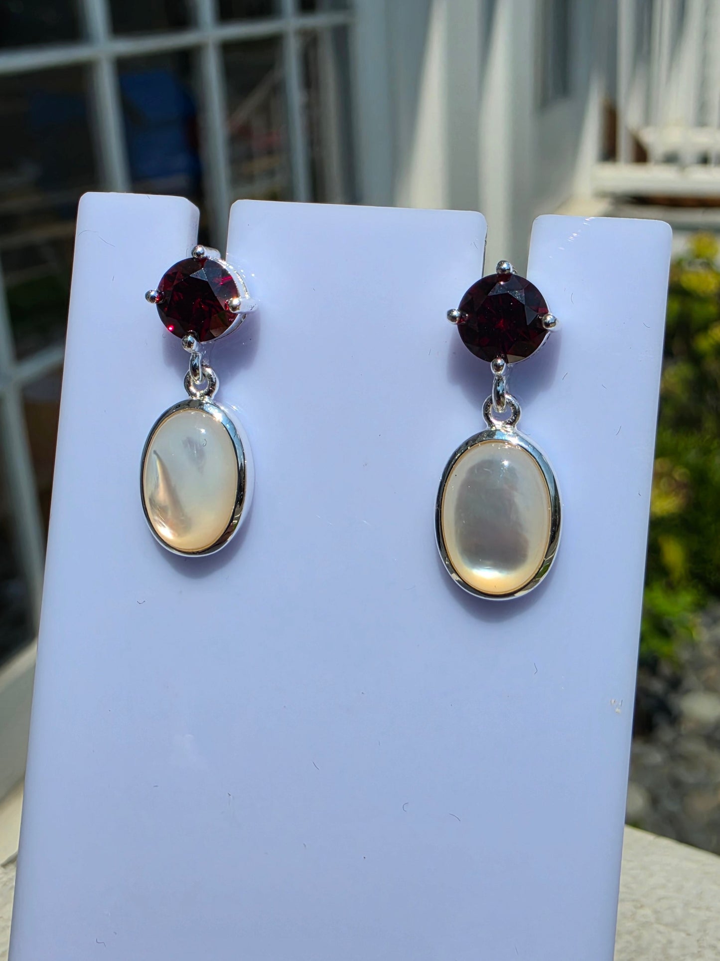 925 Sterling Silver Garnet & Mother of Pearl Dangle Earrings