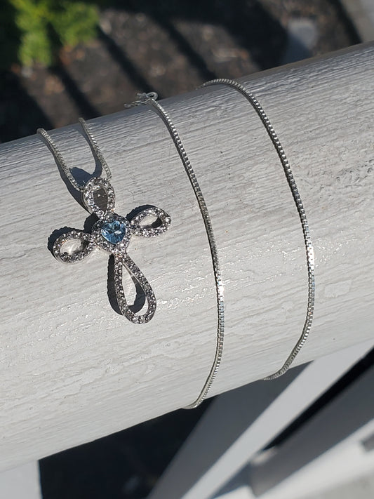 925 Sterling Silver Aquamarine & White Topaz Cross Necklace