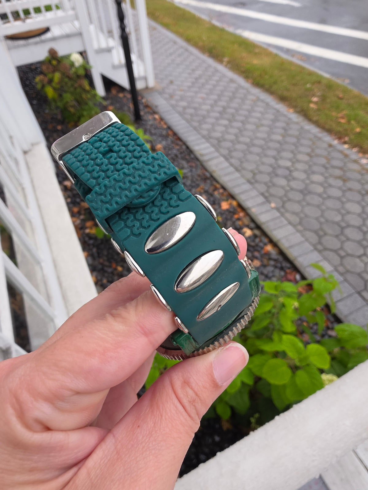 Mens Stainless Steel Techno King Green Rubber Band