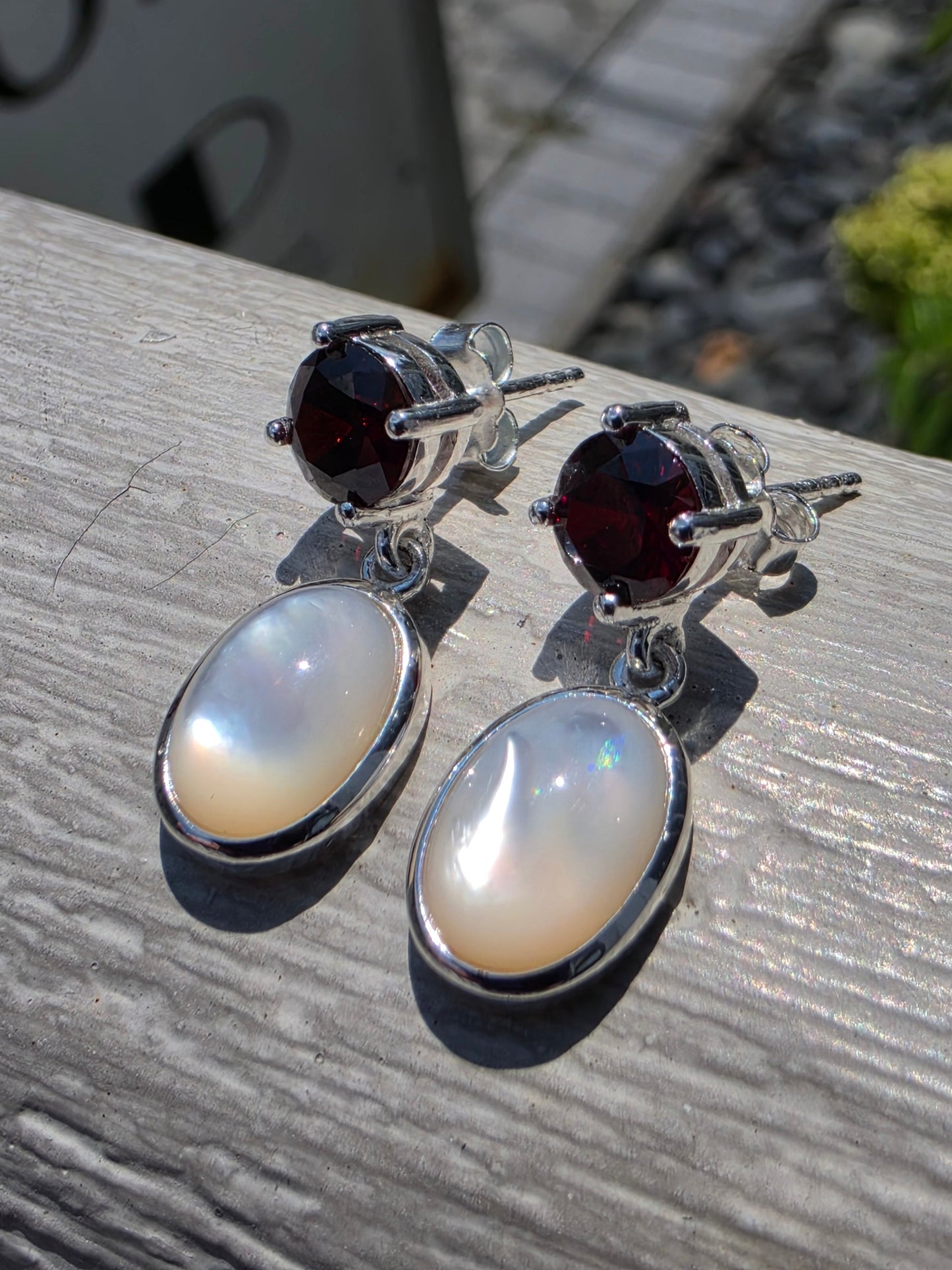 925 Sterling Silver Garnet & Mother of Pearl Dangle Earrings
