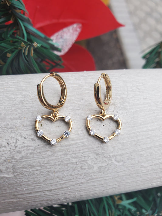 925 Sterling Silver Vermeil Elegant Open Heart CZ Zirconia Dangle Huggie Hoop Earrings