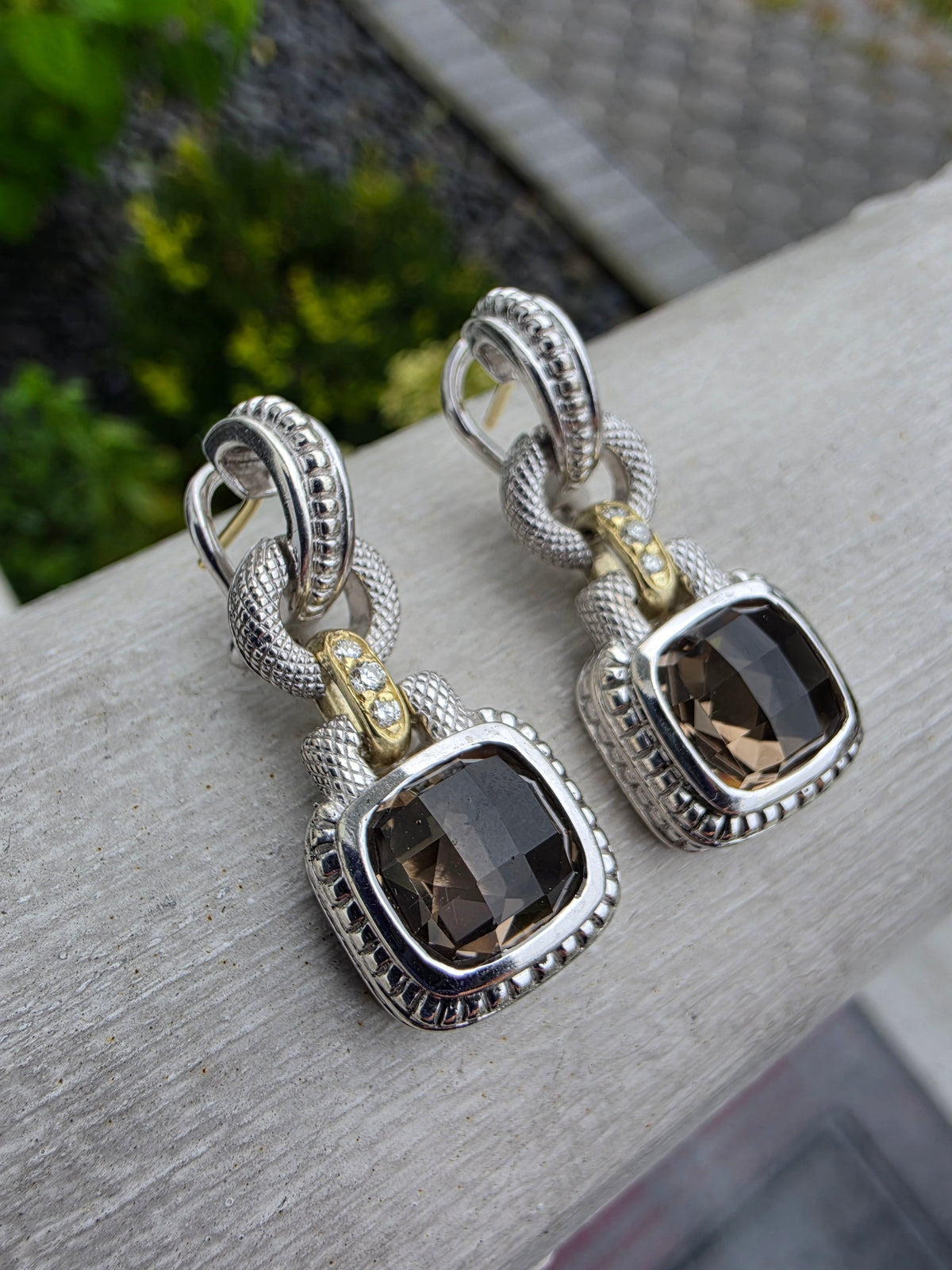 925 Sterling Silver & Solid 18k Gold Smokey Topaz & Diamond Dangling Earrings