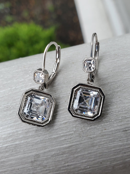 925 Sterling Silver Sparkling Randiant Cut CZ Zirconia Dangling Earrings