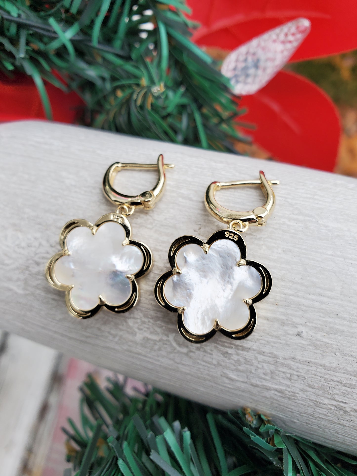 925 Sterling Silver Yellow Vermeil Mother of Pearl Flower Leaverback Earrings