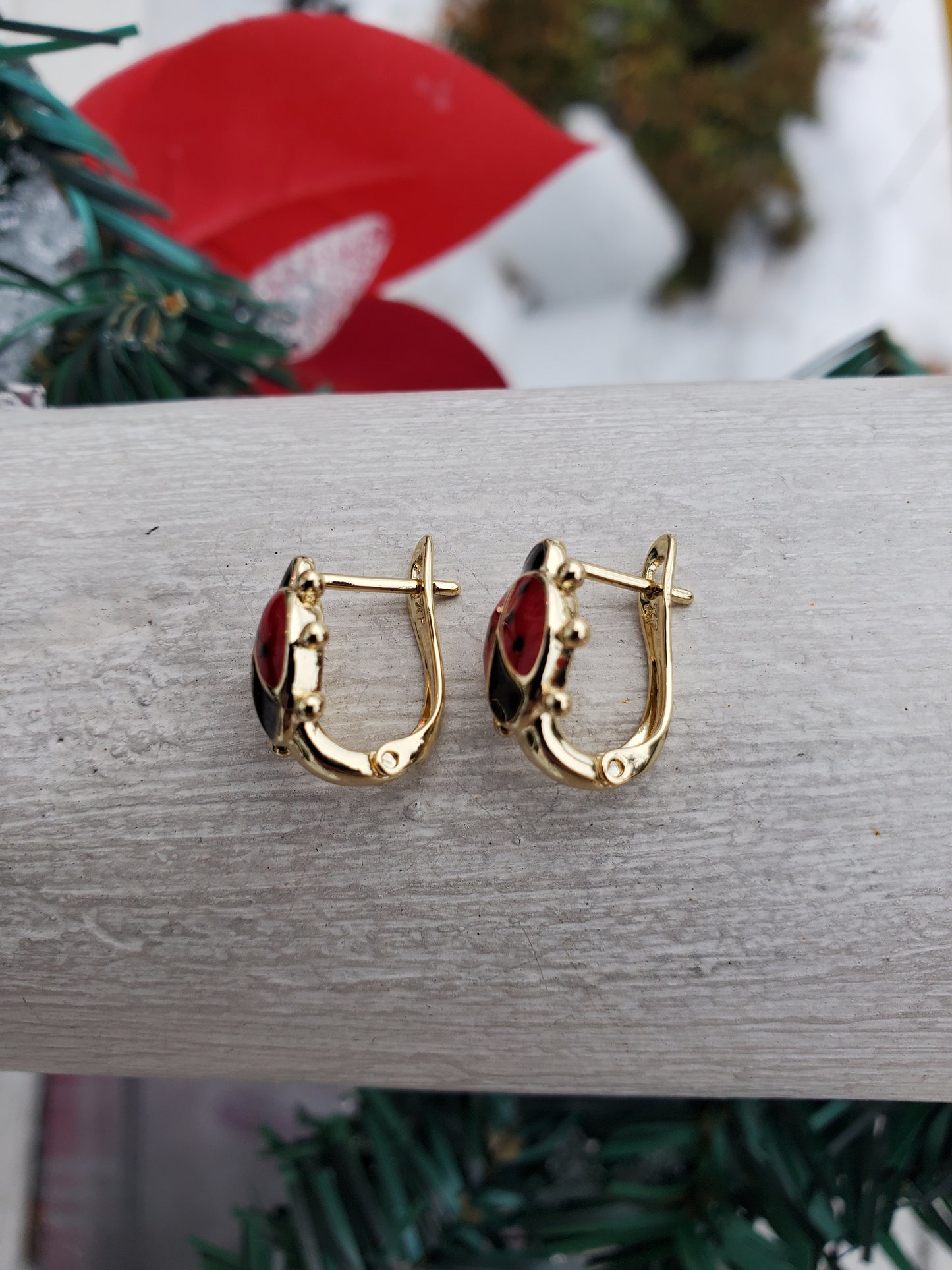 Stainless Steel Gold Plated Red Enamel Lucky Ladybug Earrings