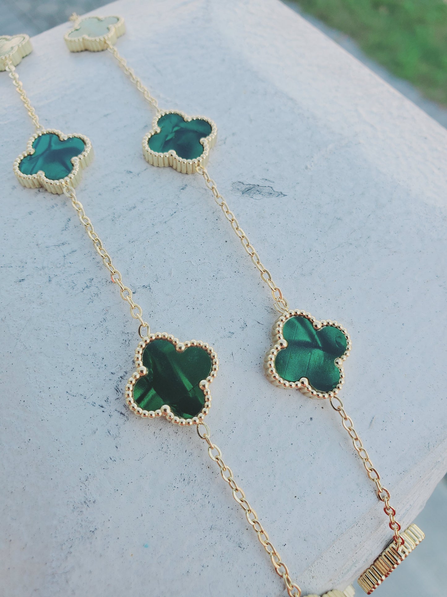 Stainless Steel Gold Color Green Clover Station Van Cleef Style Necklace 18”-20”