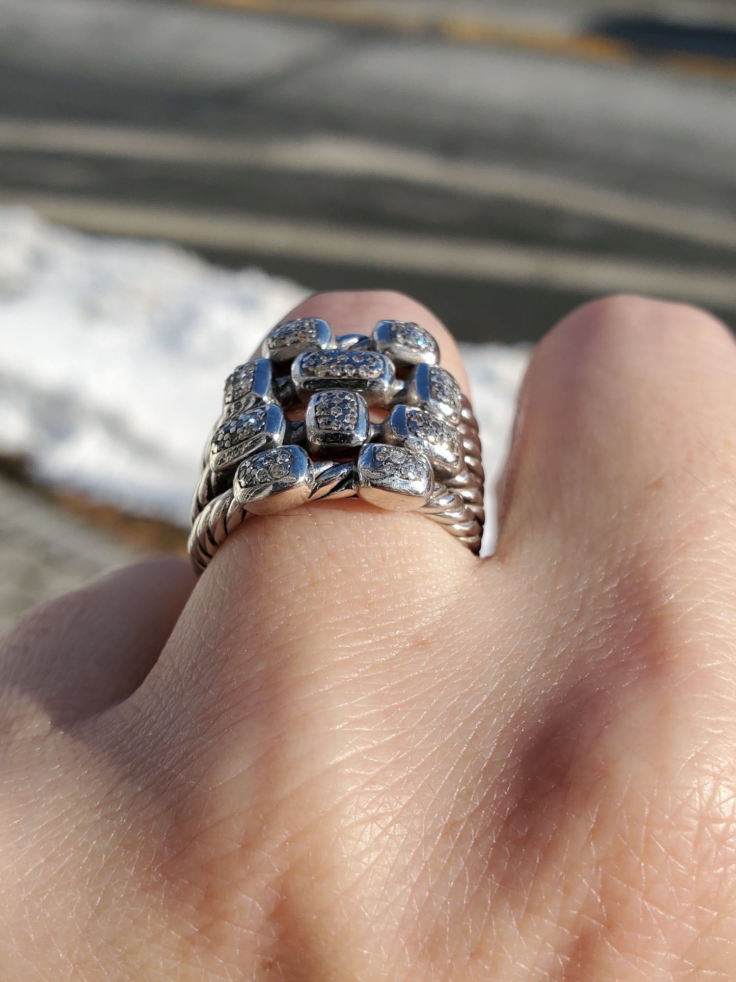 925 Sterling Silver Designer David Yurman 4-Row Confetti Twisted Cable Diamond Ring