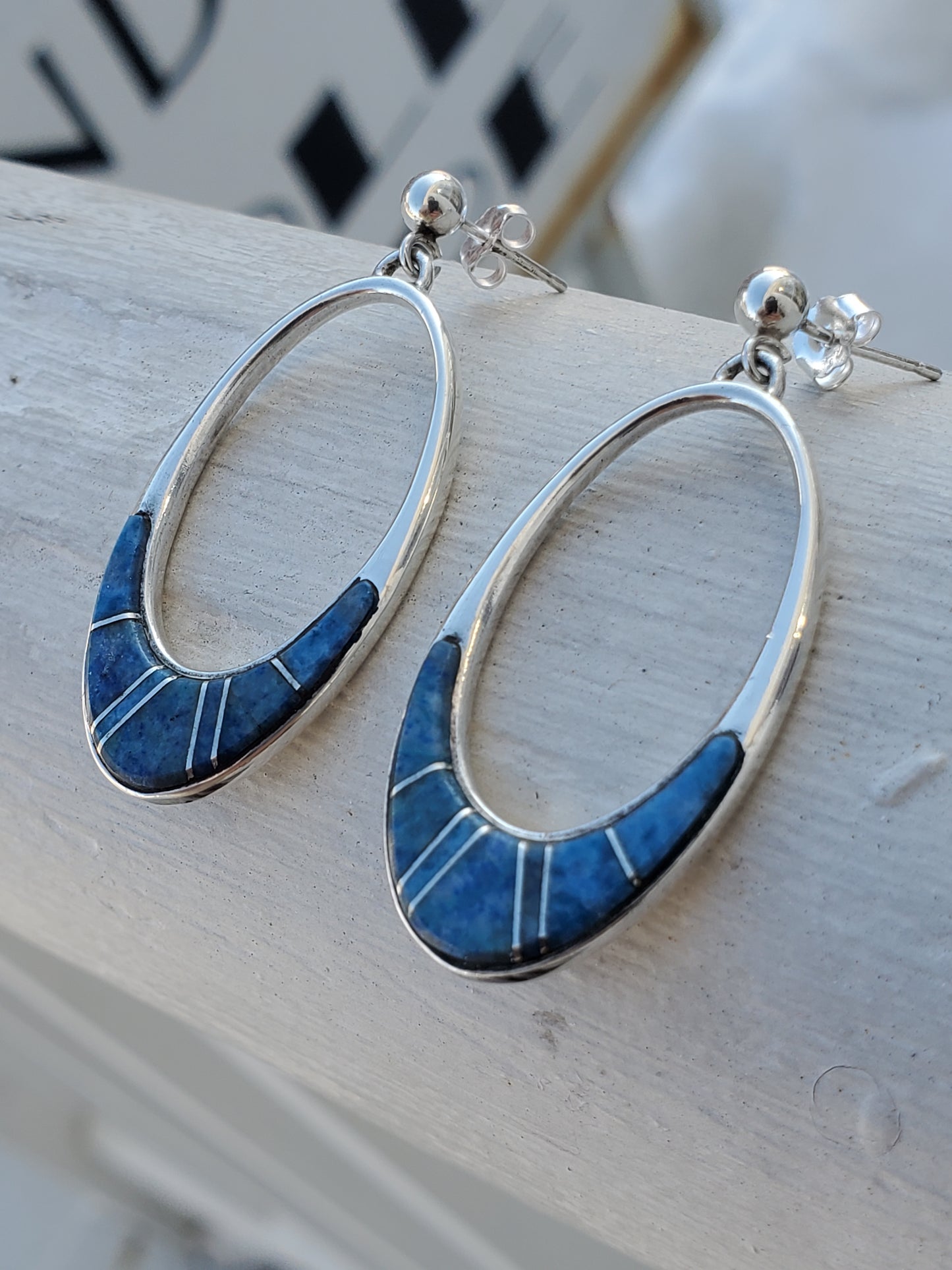 925 Sterling Silver Designer Calvin Begay Zuni Native American Tribal Oblong Lapiz Lazuli Dangling Earrings