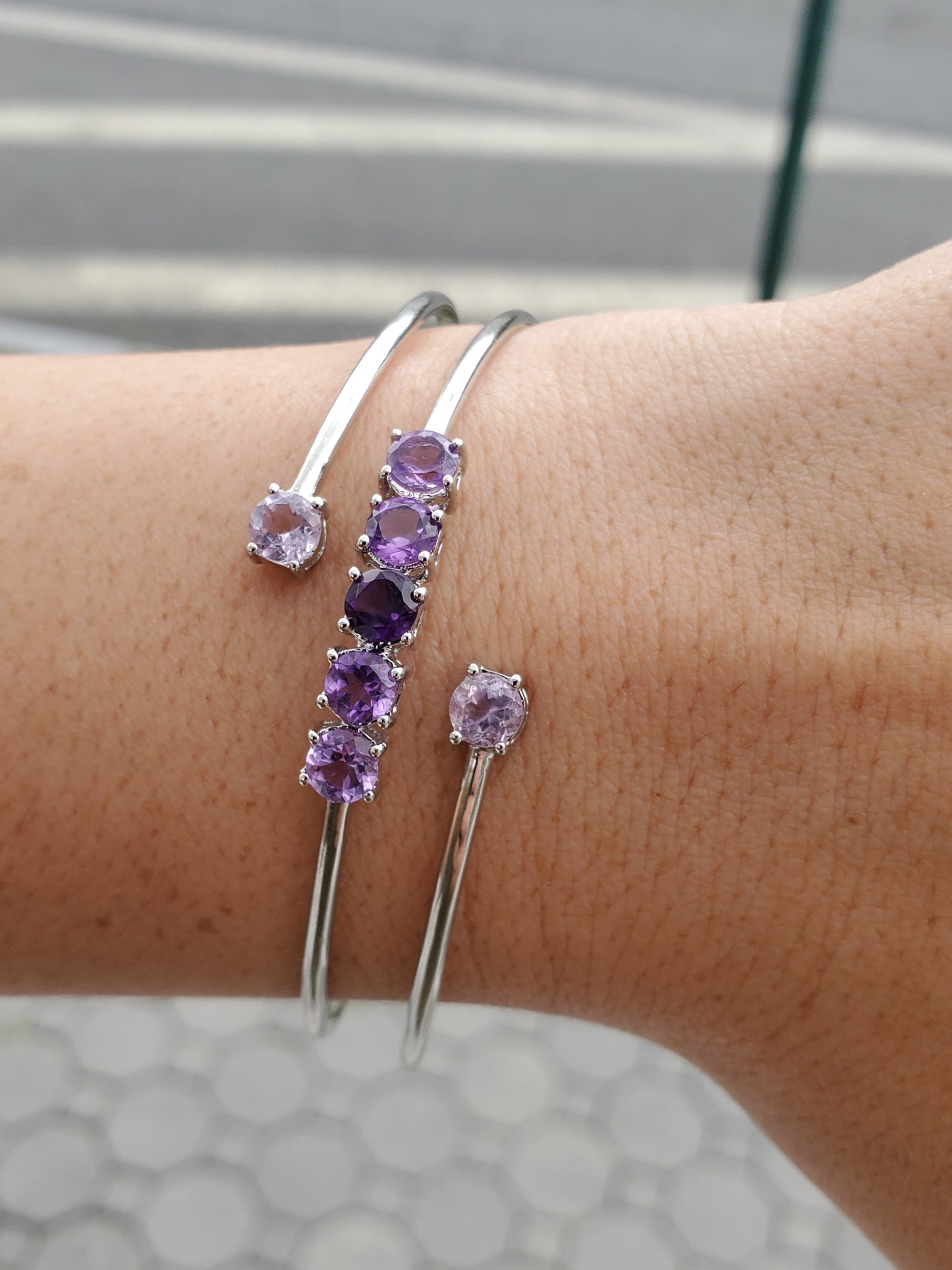 925 Sterling Silver Amethyst Triple Wrap Wire Bangle Bracelet