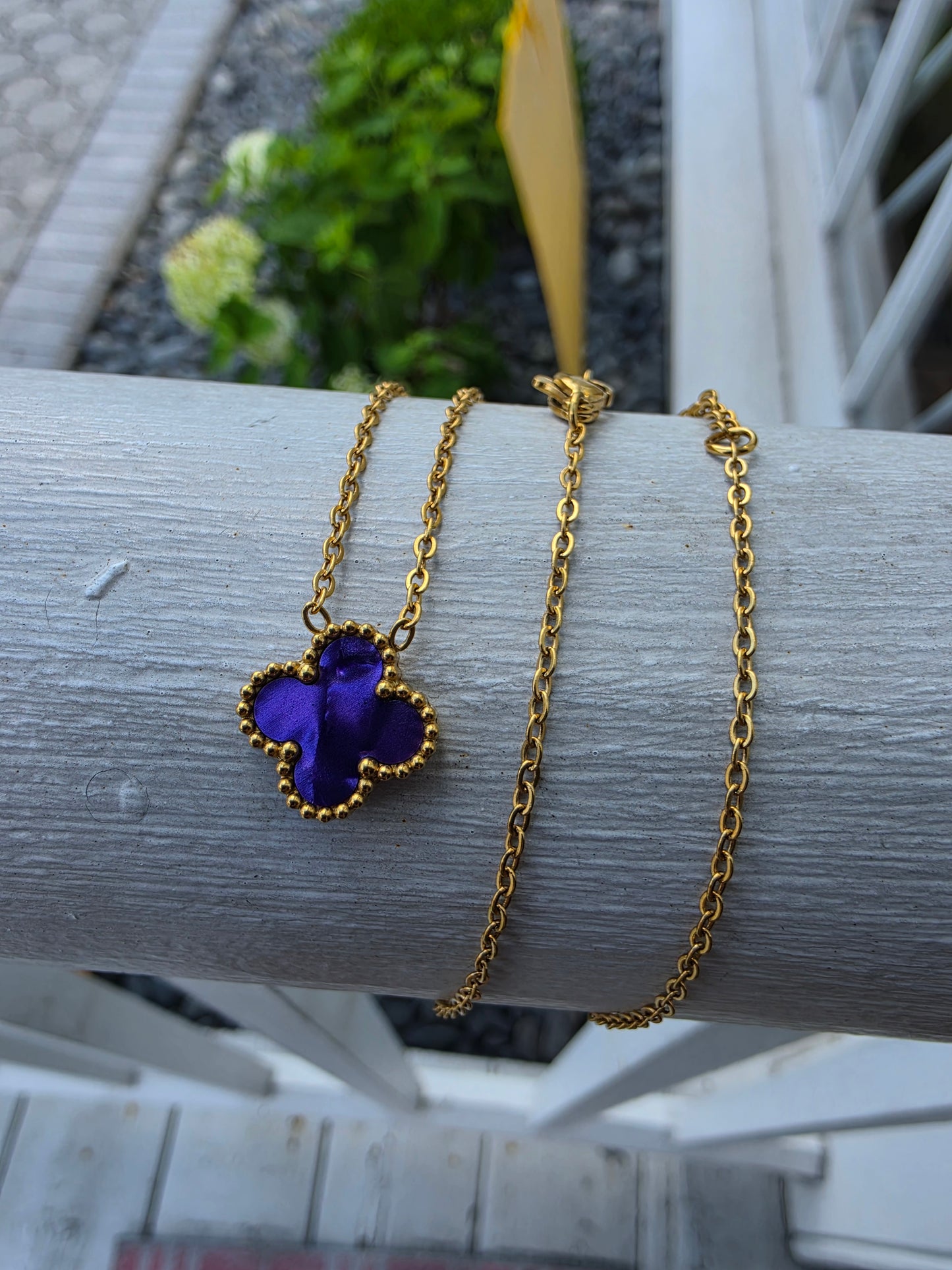 Stainless Steel Gold-plated Clover Station Van Cleef Style Purple Enamel Alhambra Necklace, Bracelet & Earring Gift Set