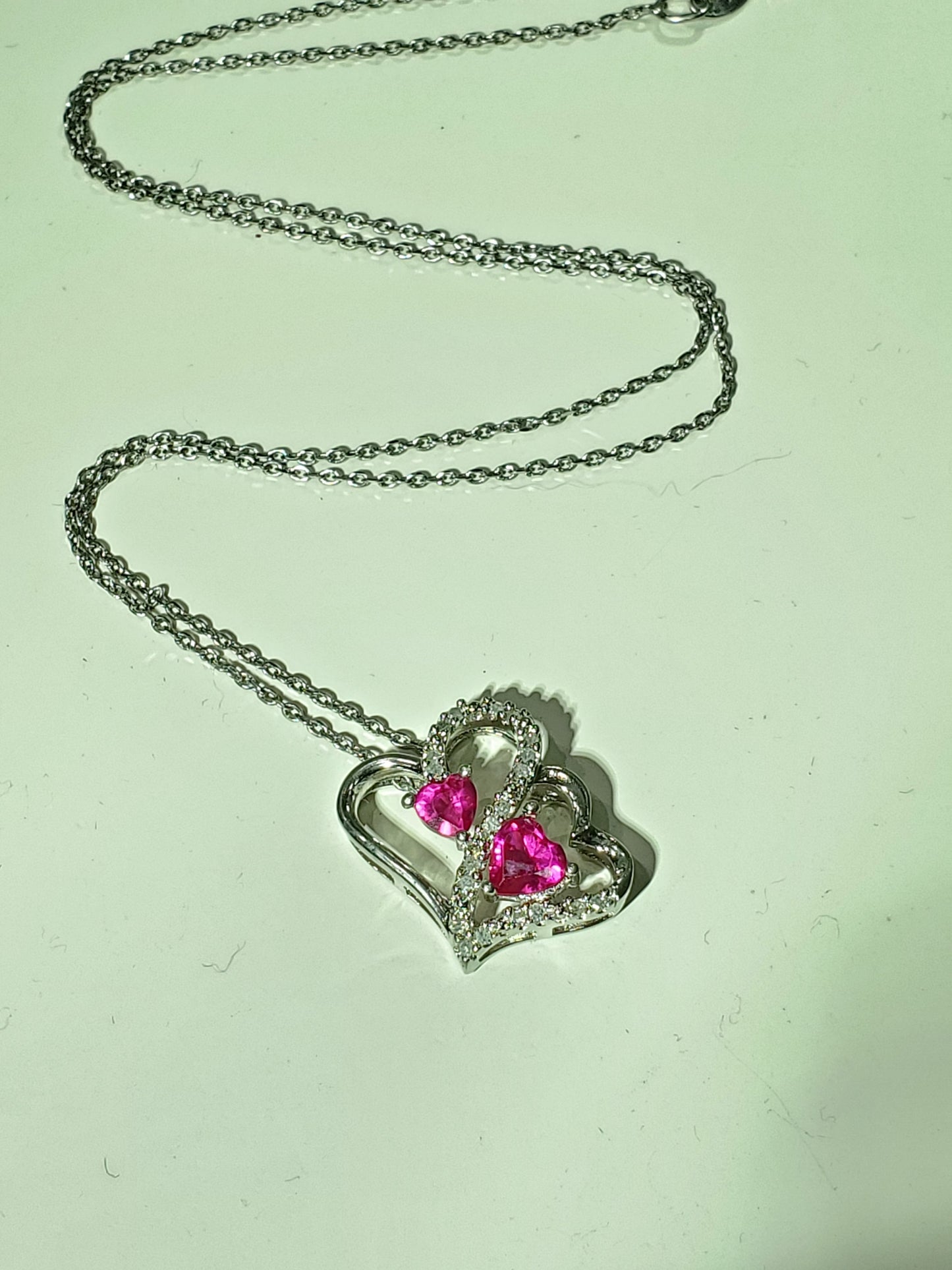 925 Sterling Silver Simulated Ruby & Natural Diamond Double Heart Necklace