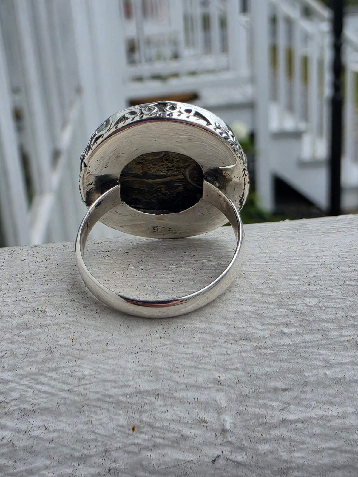 925 Sterling Silver Large Round Brown Picture Jasper Ring