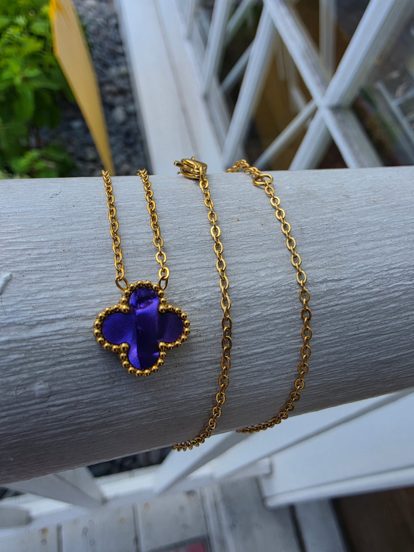 Stainless Steel Gold-plated Clover Station Van Cleef Style Purple Enamel Alhambra Necklace, Bracelet & Earring Gift Set
