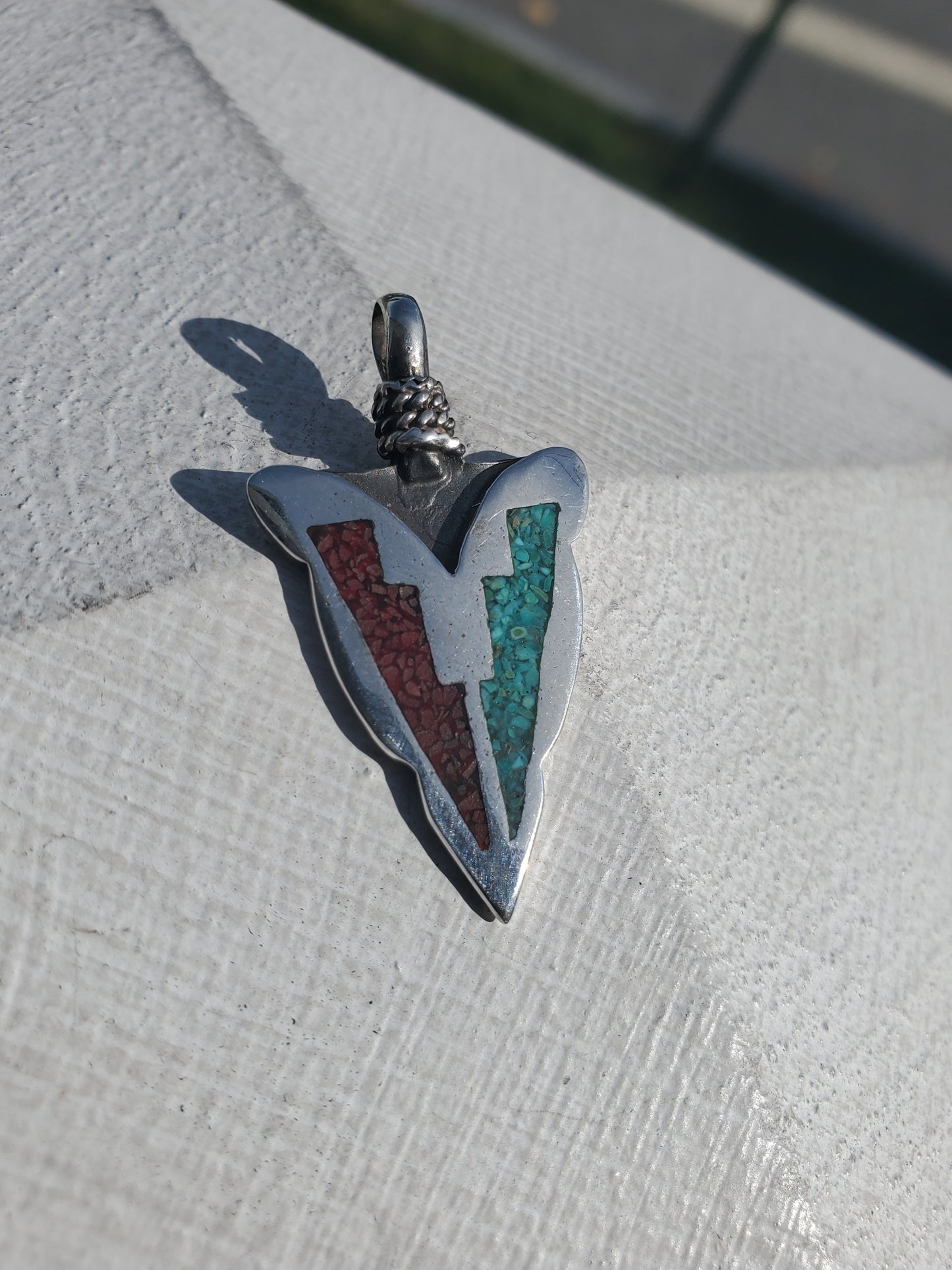 925 Sterling Silver crushed Turquoise & Coral Inlay Arrowhead Pendant Charm